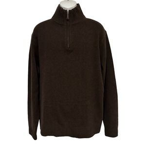 J Crew Mens Sweater Brown Lambswool Preppy Outdoor Quarter Zip‎ Leather Pull XL